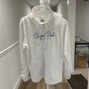 Cape Cod Sweatshirt Jacket White Full Zip Mock Neck Pockets Roll Up Sleeve Sz M